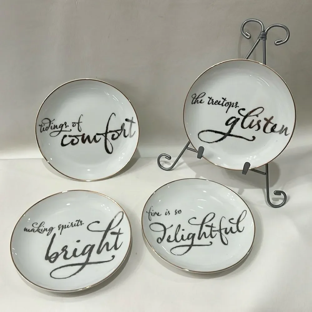 Target Threshold Christmas Appetizer Plates Set 4 White Gold Trim 6 1/2 In Round